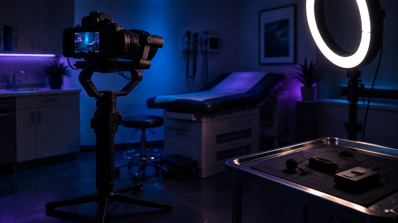 Câmera, microfone de lapela e luz em uma sala de gravação