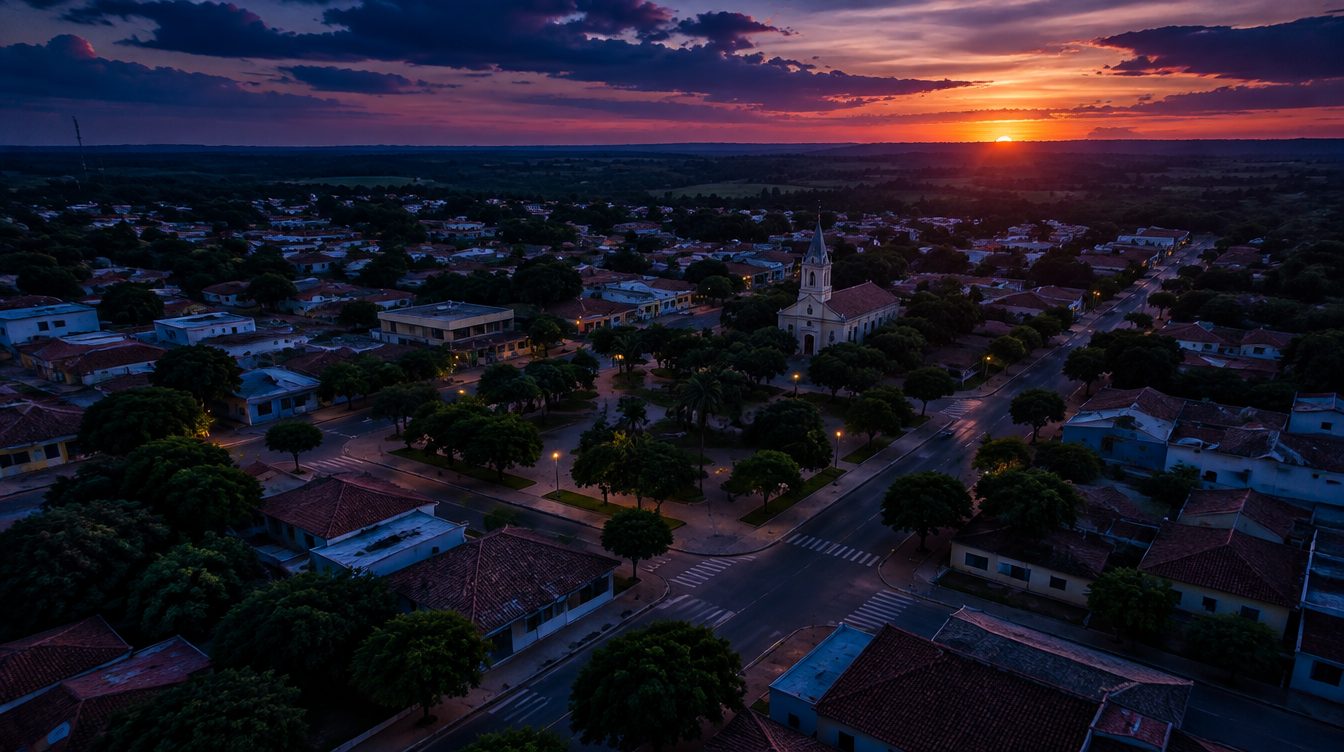 Cidade do interior de Goiás vista de cima ao entardecer